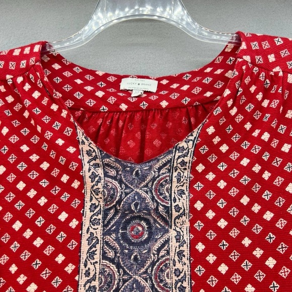 Lucky Brand Multicolored Patterned V Neck Long Sleeve Red Shirt Women’s Size S - Picture 6 of 13